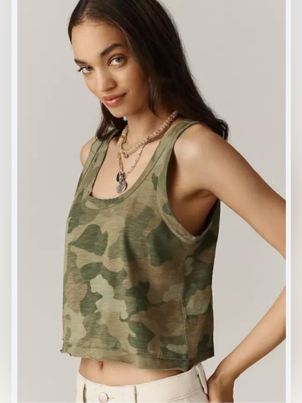 Pilcro The Kacey-Cotton-slub scooped neck camo crop tank